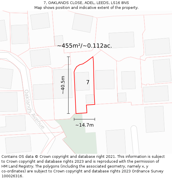 7, OAKLANDS CLOSE, ADEL, LEEDS, LS16 8NS: Plot and title map