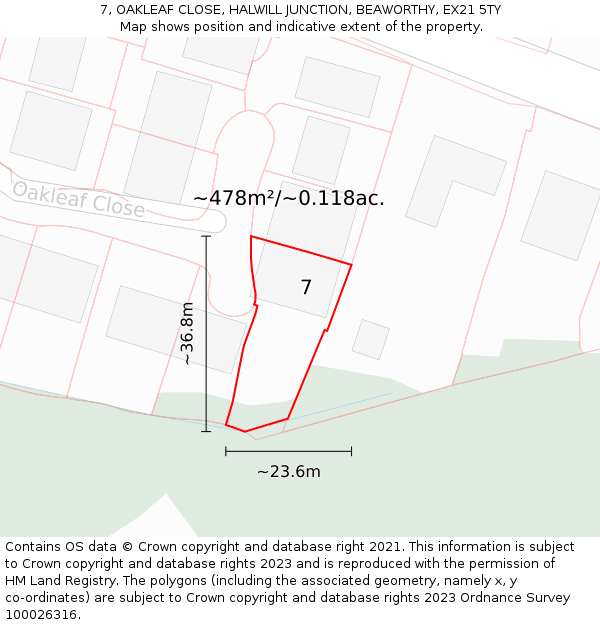 7, OAKLEAF CLOSE, HALWILL JUNCTION, BEAWORTHY, EX21 5TY: Plot and title map