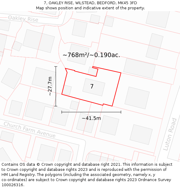 7, OAKLEY RISE, WILSTEAD, BEDFORD, MK45 3FD: Plot and title map
