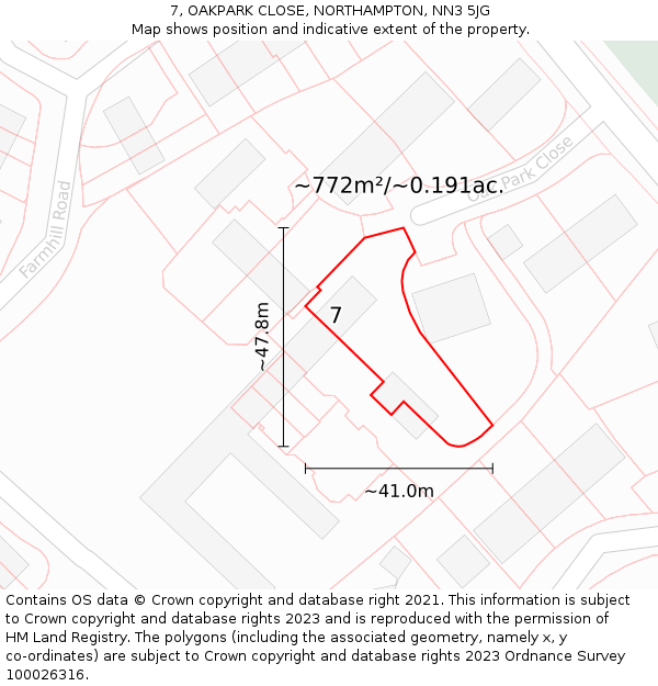 7, OAKPARK CLOSE, NORTHAMPTON, NN3 5JG: Plot and title map