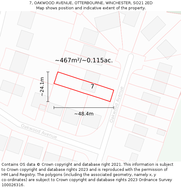 7, OAKWOOD AVENUE, OTTERBOURNE, WINCHESTER, SO21 2ED: Plot and title map