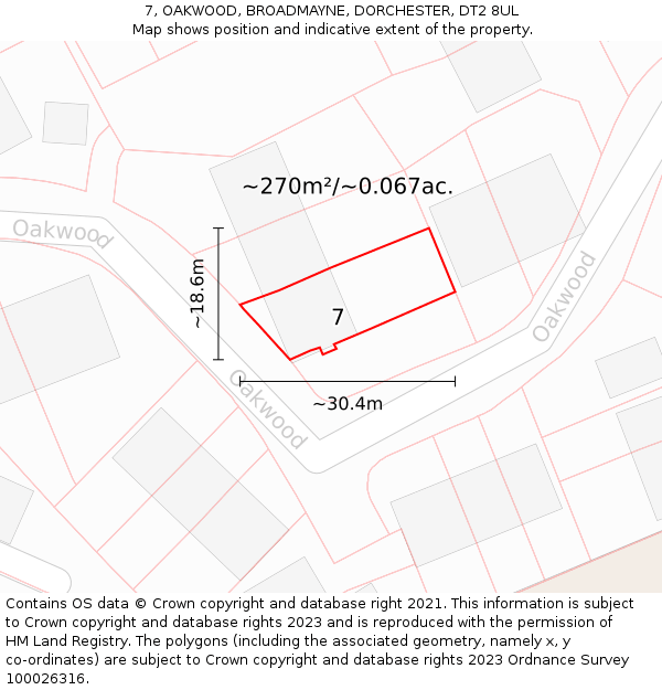 7, OAKWOOD, BROADMAYNE, DORCHESTER, DT2 8UL: Plot and title map