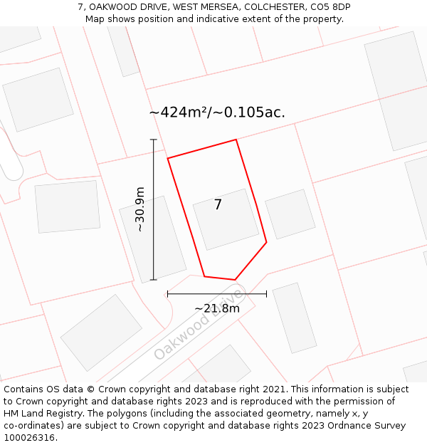 7, OAKWOOD DRIVE, WEST MERSEA, COLCHESTER, CO5 8DP: Plot and title map