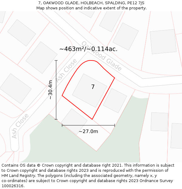 7, OAKWOOD GLADE, HOLBEACH, SPALDING, PE12 7JS: Plot and title map