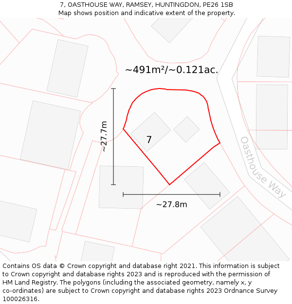 7, OASTHOUSE WAY, RAMSEY, HUNTINGDON, PE26 1SB: Plot and title map
