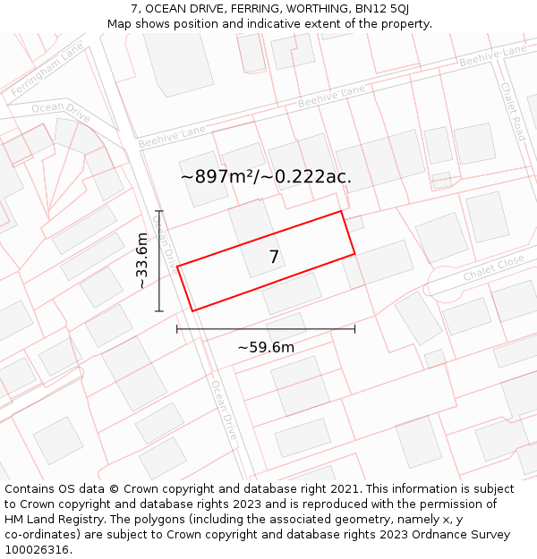7, OCEAN DRIVE, FERRING, WORTHING, BN12 5QJ: Plot and title map