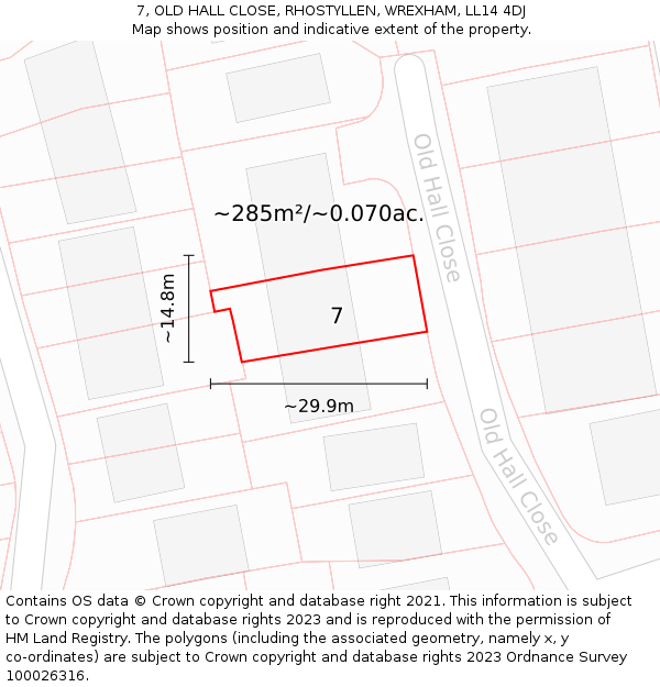 7, OLD HALL CLOSE, RHOSTYLLEN, WREXHAM, LL14 4DJ: Plot and title map