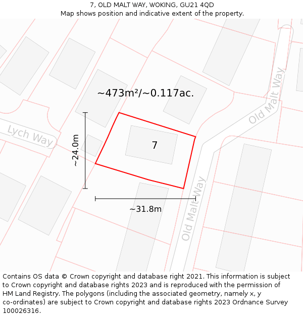 7, OLD MALT WAY, WOKING, GU21 4QD: Plot and title map