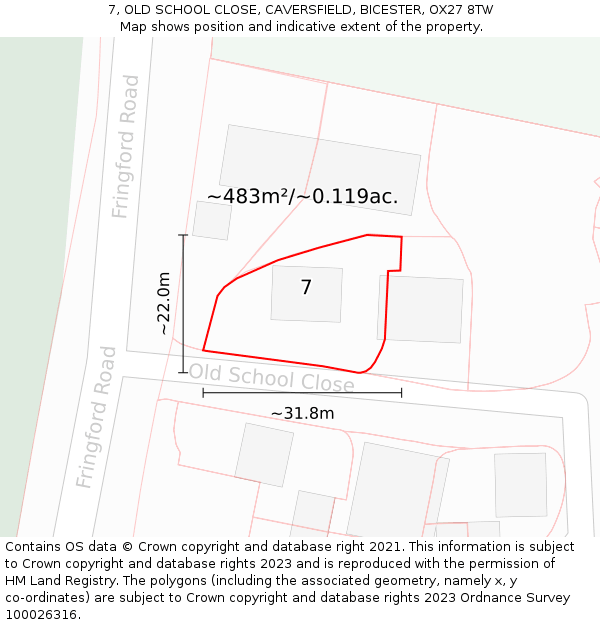 7, OLD SCHOOL CLOSE, CAVERSFIELD, BICESTER, OX27 8TW: Plot and title map