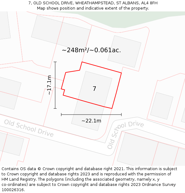 7, OLD SCHOOL DRIVE, WHEATHAMPSTEAD, ST ALBANS, AL4 8FH: Plot and title map