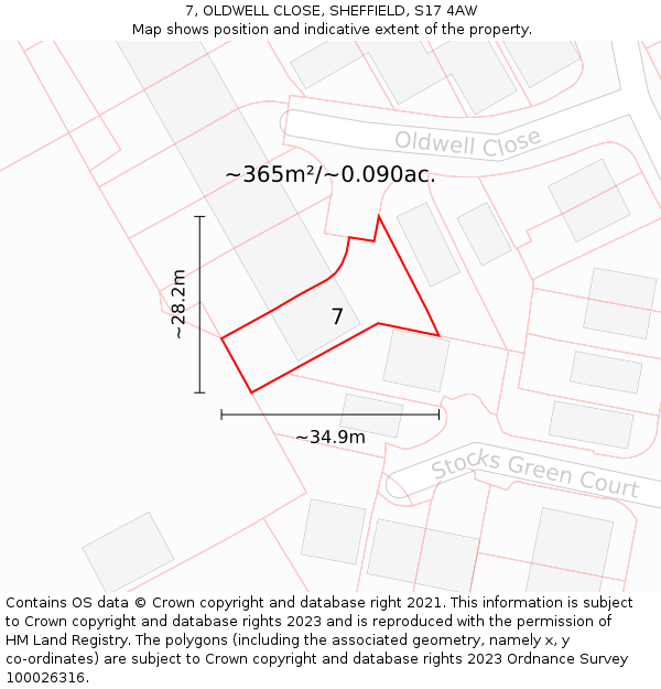 7, OLDWELL CLOSE, SHEFFIELD, S17 4AW: Plot and title map