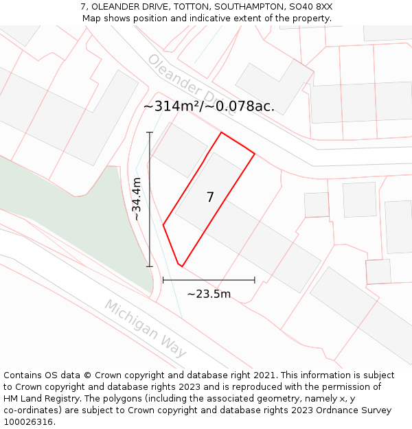 7, OLEANDER DRIVE, TOTTON, SOUTHAMPTON, SO40 8XX: Plot and title map