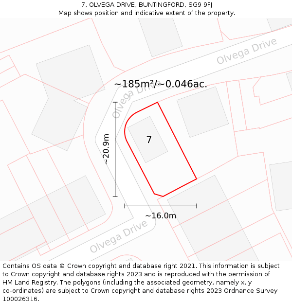 7, OLVEGA DRIVE, BUNTINGFORD, SG9 9FJ: Plot and title map
