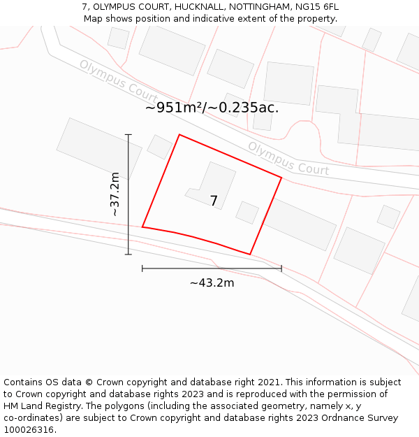 7, OLYMPUS COURT, HUCKNALL, NOTTINGHAM, NG15 6FL: Plot and title map