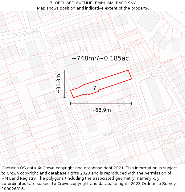 7, ORCHARD AVENUE, RAINHAM, RM13 9NY: Plot and title map