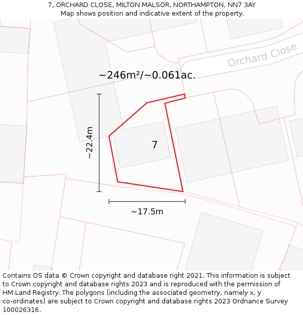 7, ORCHARD CLOSE, MILTON MALSOR, NORTHAMPTON, NN7 3AY: Plot and title map