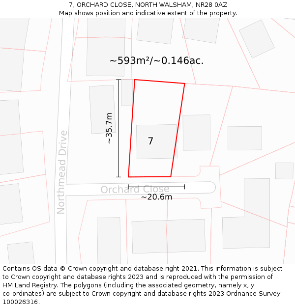 7, ORCHARD CLOSE, NORTH WALSHAM, NR28 0AZ: Plot and title map
