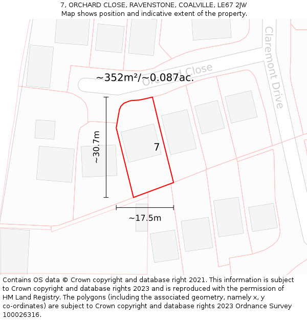 7, ORCHARD CLOSE, RAVENSTONE, COALVILLE, LE67 2JW: Plot and title map