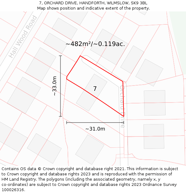 7, ORCHARD DRIVE, HANDFORTH, WILMSLOW, SK9 3BL: Plot and title map