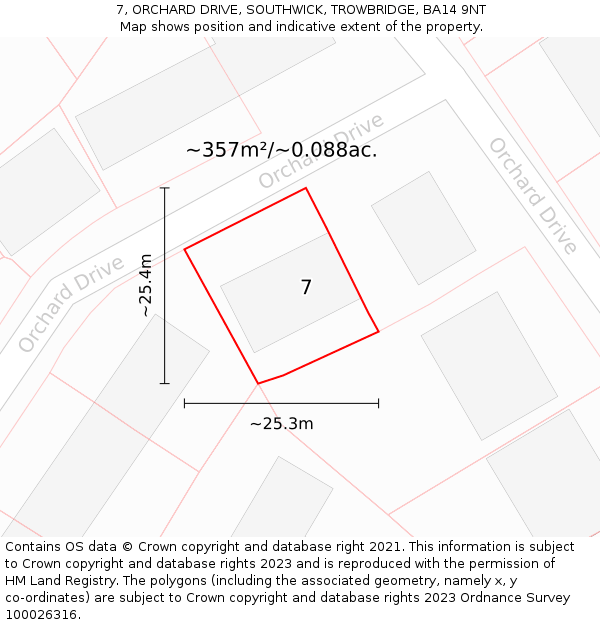 7, ORCHARD DRIVE, SOUTHWICK, TROWBRIDGE, BA14 9NT: Plot and title map