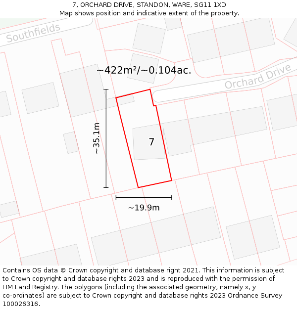7, ORCHARD DRIVE, STANDON, WARE, SG11 1XD: Plot and title map
