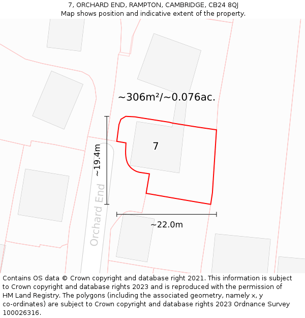 7, ORCHARD END, RAMPTON, CAMBRIDGE, CB24 8QJ: Plot and title map