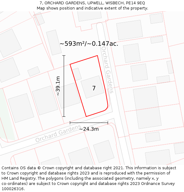 7, ORCHARD GARDENS, UPWELL, WISBECH, PE14 9EQ: Plot and title map