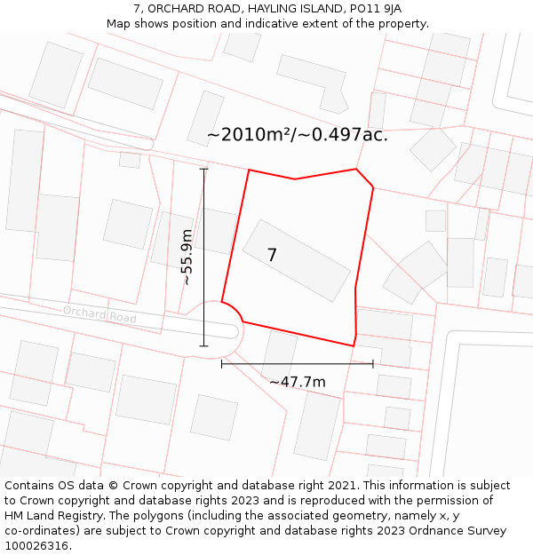 7, ORCHARD ROAD, HAYLING ISLAND, PO11 9JA: Plot and title map