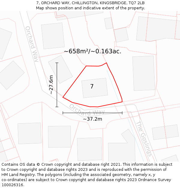 7, ORCHARD WAY, CHILLINGTON, KINGSBRIDGE, TQ7 2LB: Plot and title map