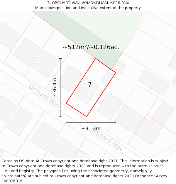 7, ORCHARD WAY, WYMONDHAM, NR18 0NX: Plot and title map
