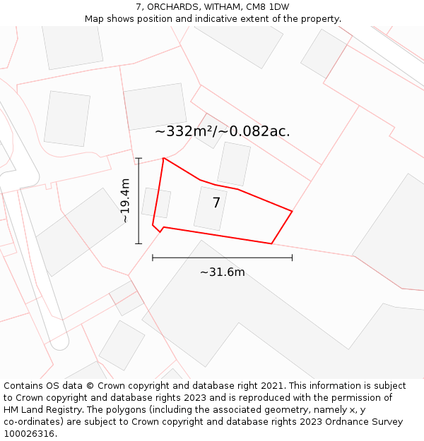 7, ORCHARDS, WITHAM, CM8 1DW: Plot and title map