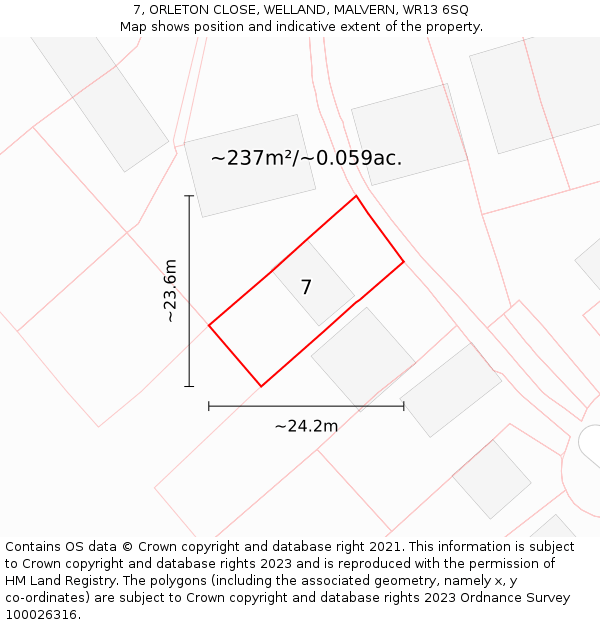 7, ORLETON CLOSE, WELLAND, MALVERN, WR13 6SQ: Plot and title map