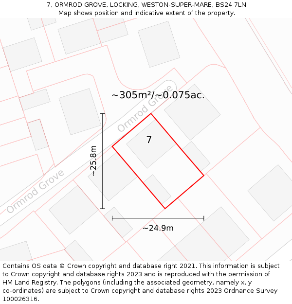 7, ORMROD GROVE, LOCKING, WESTON-SUPER-MARE, BS24 7LN: Plot and title map