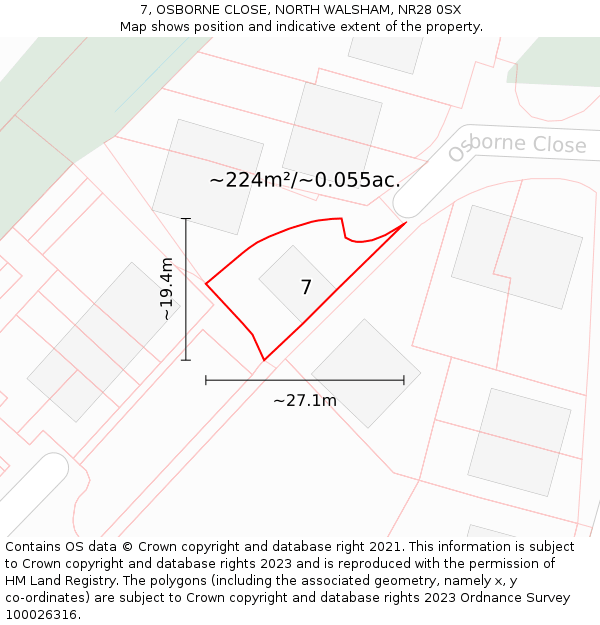 7, OSBORNE CLOSE, NORTH WALSHAM, NR28 0SX: Plot and title map