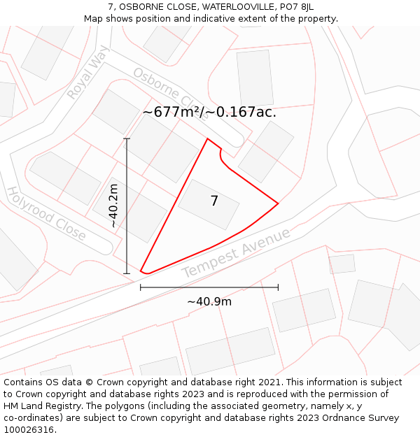 7, OSBORNE CLOSE, WATERLOOVILLE, PO7 8JL: Plot and title map