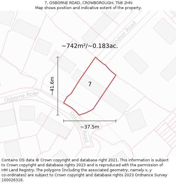 7, OSBORNE ROAD, CROWBOROUGH, TN6 2HN: Plot and title map
