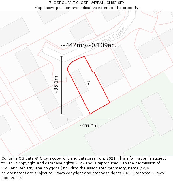 7, OSBOURNE CLOSE, WIRRAL, CH62 6EY: Plot and title map