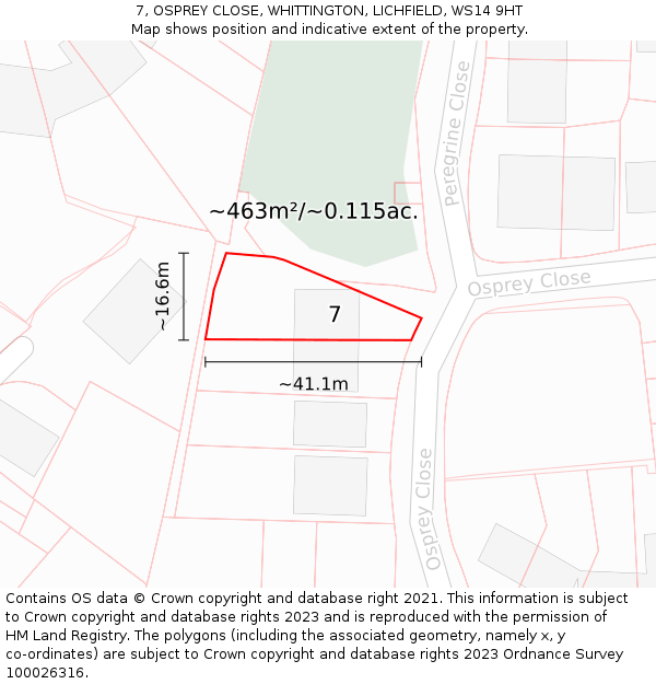 7, OSPREY CLOSE, WHITTINGTON, LICHFIELD, WS14 9HT: Plot and title map