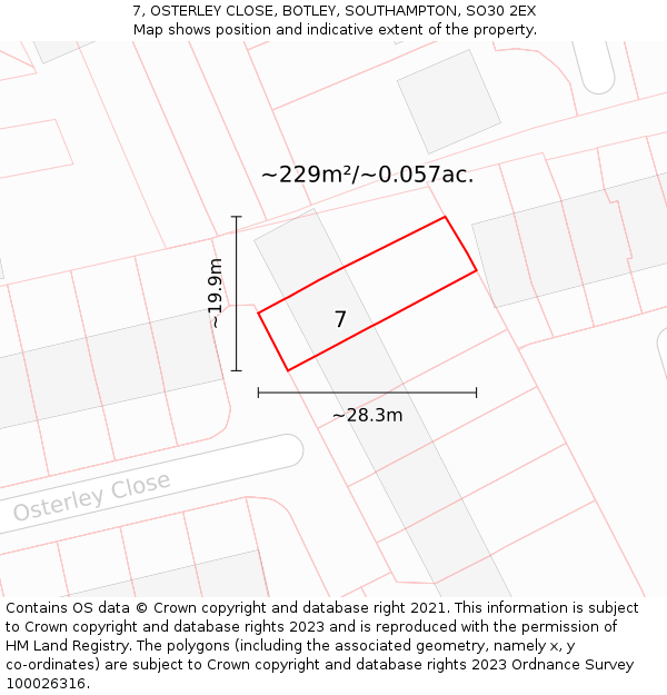 7, OSTERLEY CLOSE, BOTLEY, SOUTHAMPTON, SO30 2EX: Plot and title map