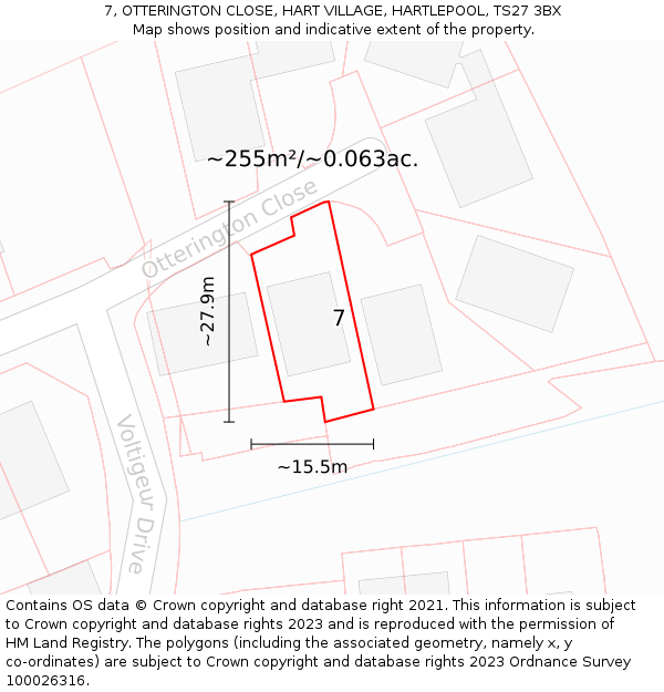 7, OTTERINGTON CLOSE, HART VILLAGE, HARTLEPOOL, TS27 3BX: Plot and title map