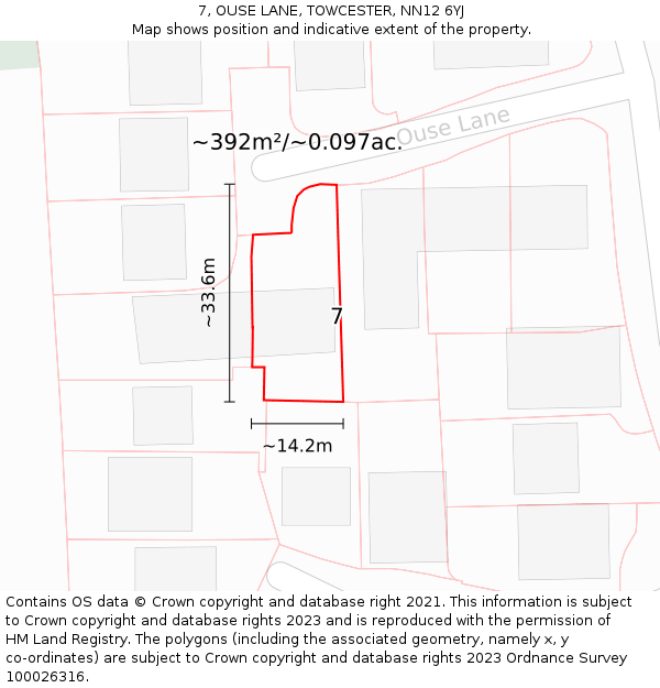7, OUSE LANE, TOWCESTER, NN12 6YJ: Plot and title map