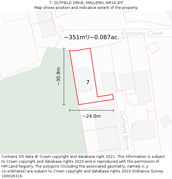 7, OUTFIELD DRIVE, MALVERN, WR14 2FF: Plot and title map