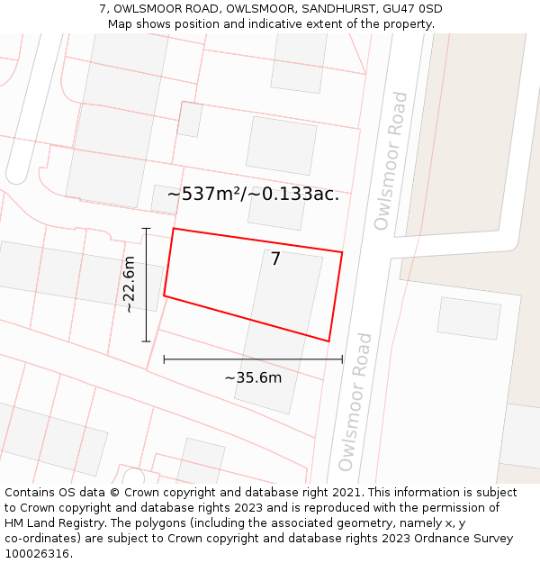 7, OWLSMOOR ROAD, OWLSMOOR, SANDHURST, GU47 0SD: Plot and title map