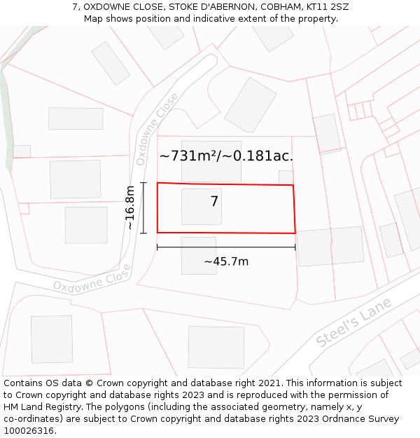 7, OXDOWNE CLOSE, STOKE D'ABERNON, COBHAM, KT11 2SZ: Plot and title map