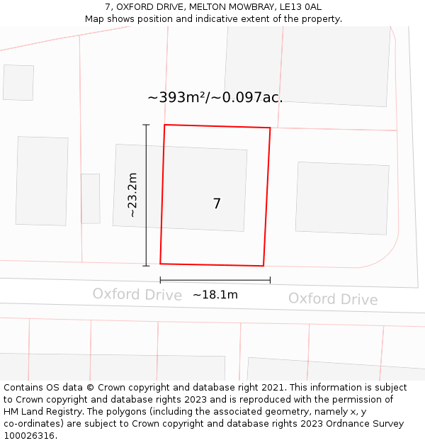 7, OXFORD DRIVE, MELTON MOWBRAY, LE13 0AL: Plot and title map