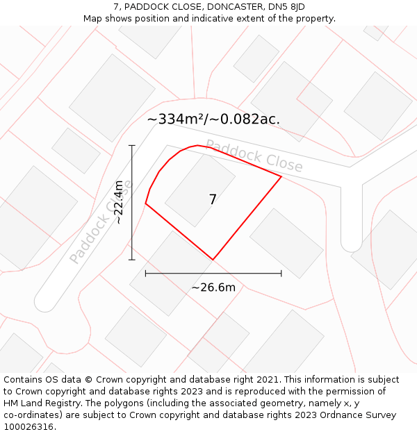 7, PADDOCK CLOSE, DONCASTER, DN5 8JD: Plot and title map