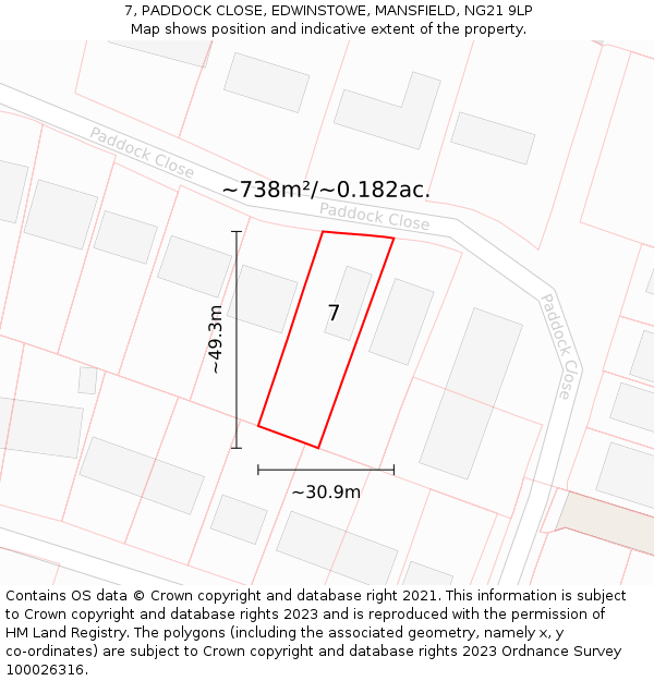 7, PADDOCK CLOSE, EDWINSTOWE, MANSFIELD, NG21 9LP: Plot and title map