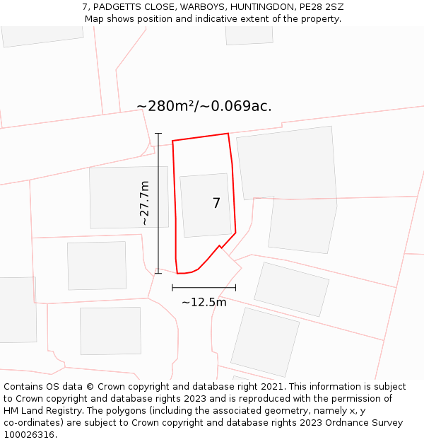 7, PADGETTS CLOSE, WARBOYS, HUNTINGDON, PE28 2SZ: Plot and title map