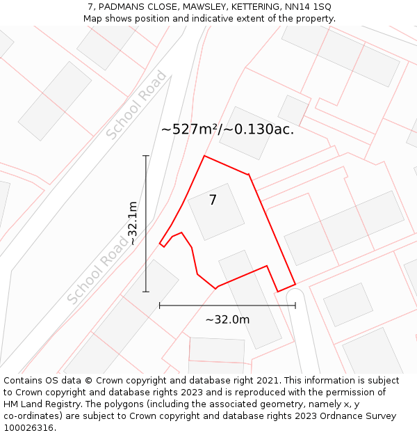7, PADMANS CLOSE, MAWSLEY, KETTERING, NN14 1SQ: Plot and title map