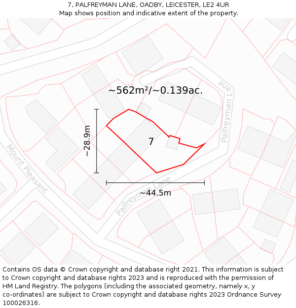7, PALFREYMAN LANE, OADBY, LEICESTER, LE2 4UR: Plot and title map